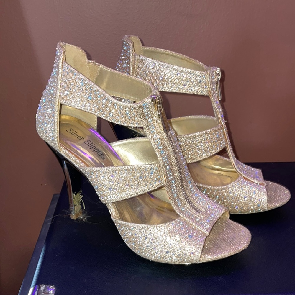 Formal heels, Gold, size: 7.5 in women’s, brand: silver slipper